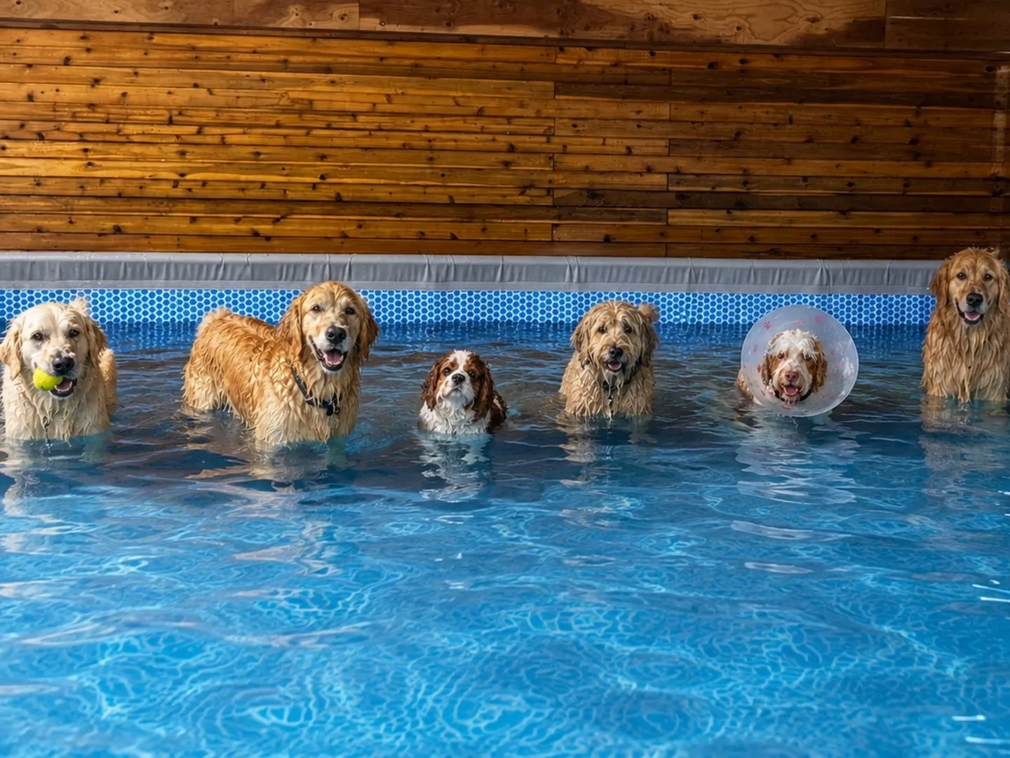 Six dogs standing in the pool facing the camera